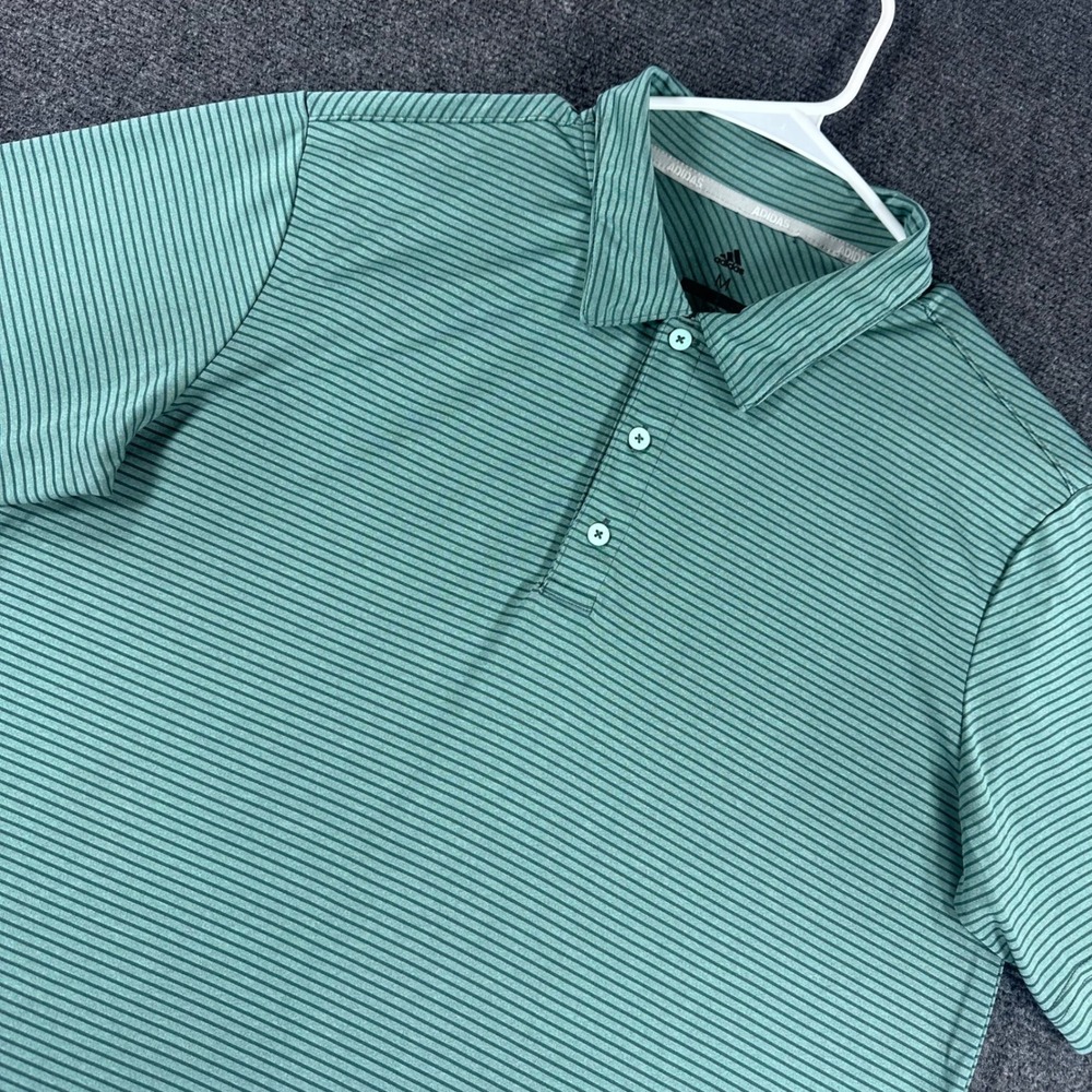 Adidas Polo Shirt Mens M Medium Green Striped Golf Performance‎ Short Sleeve
